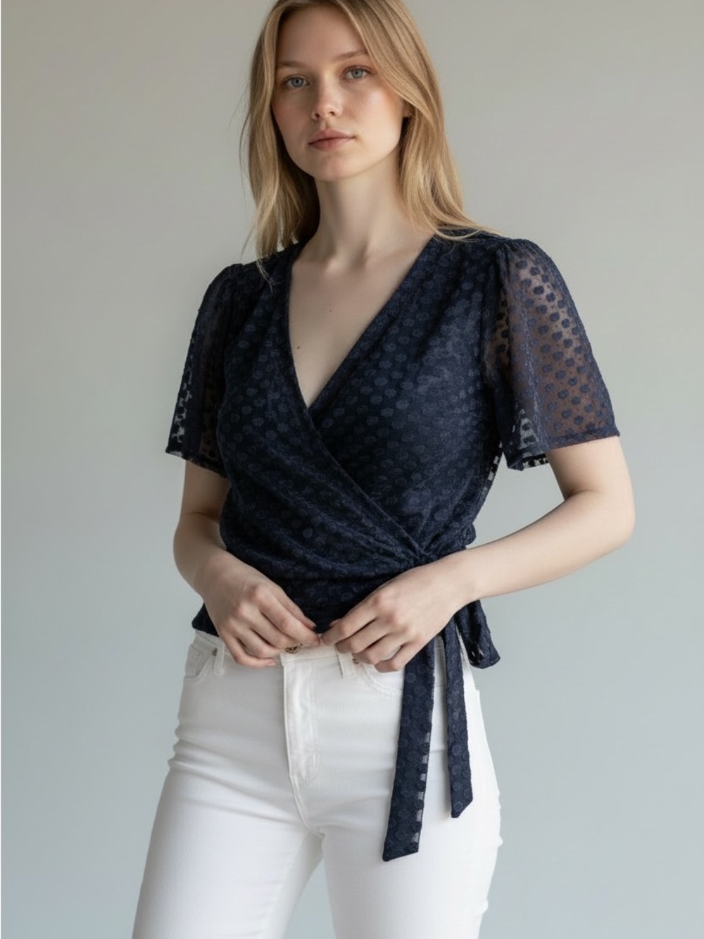 Picadilly Navy Polka Dot Blouse M Mesh w Lining Short Sleeve Tie Waist Breezy